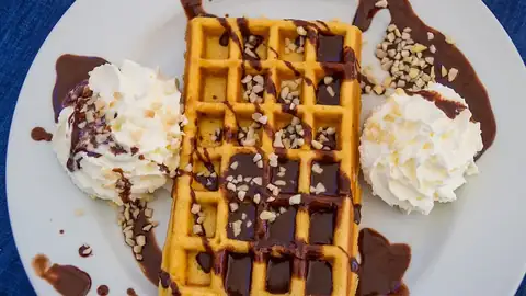 Belgian waffle with cream and chocolate